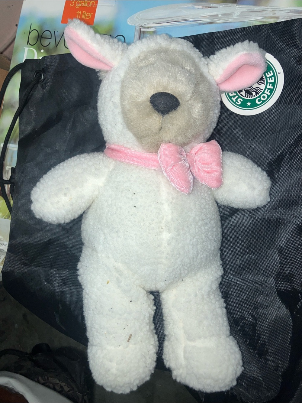 NWT Starbucks Plush White Lamb with Pink Bow Neck Accent